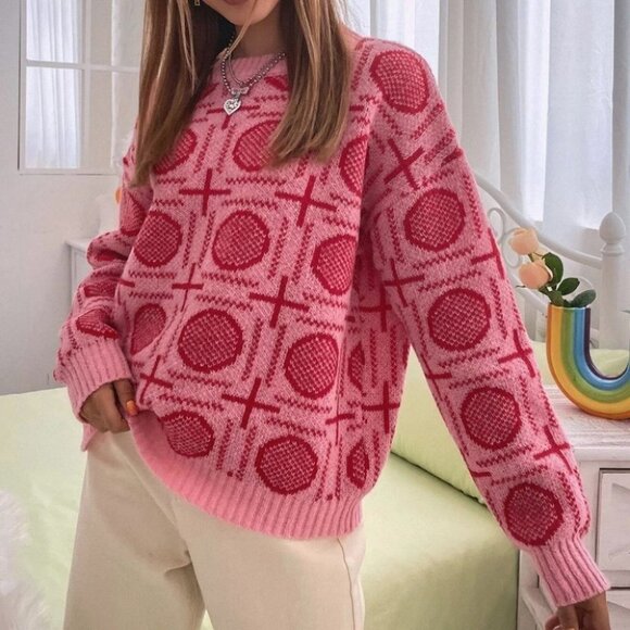 preppy trending print detailed sweater cute pink red - Picture 4 of 6